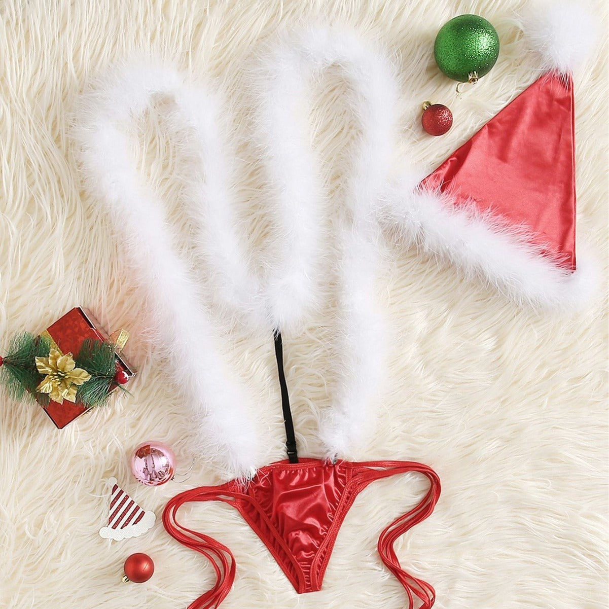 Juligt Accessoarset – Rött Satin och Fjäderboa